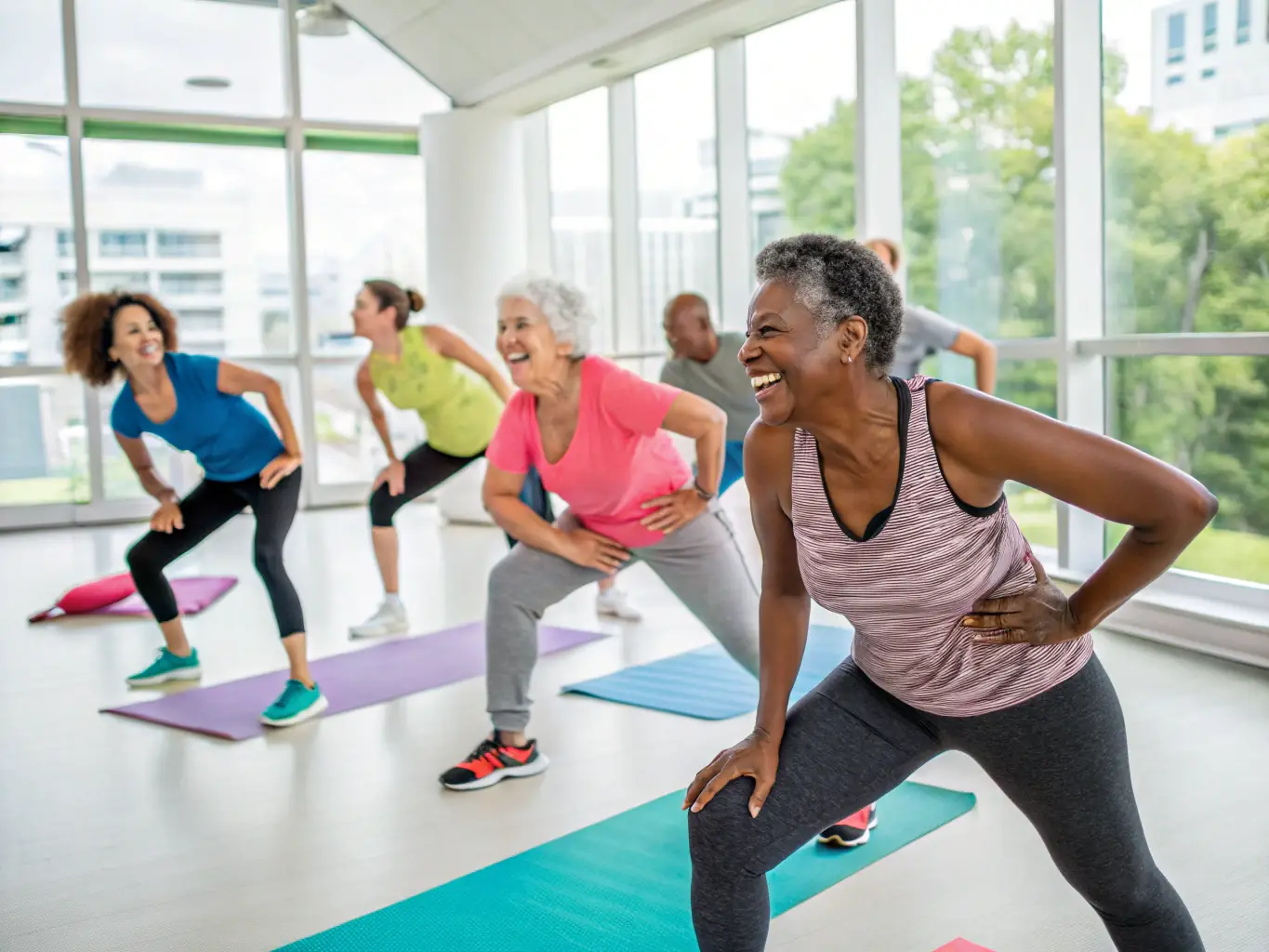 A diverse group of people participating in a fitness class at a local community center, demonstrating active lifestyles and inclusivity.