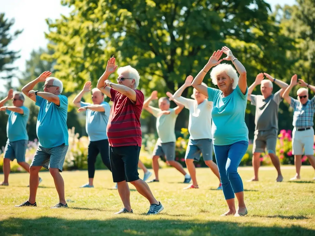 A group of seniors participating in a gentle exercise program, with a focus on mobility and social interaction, demonstrating the inclusive activities for seniors offered by ASSOC LES BRUYERES.