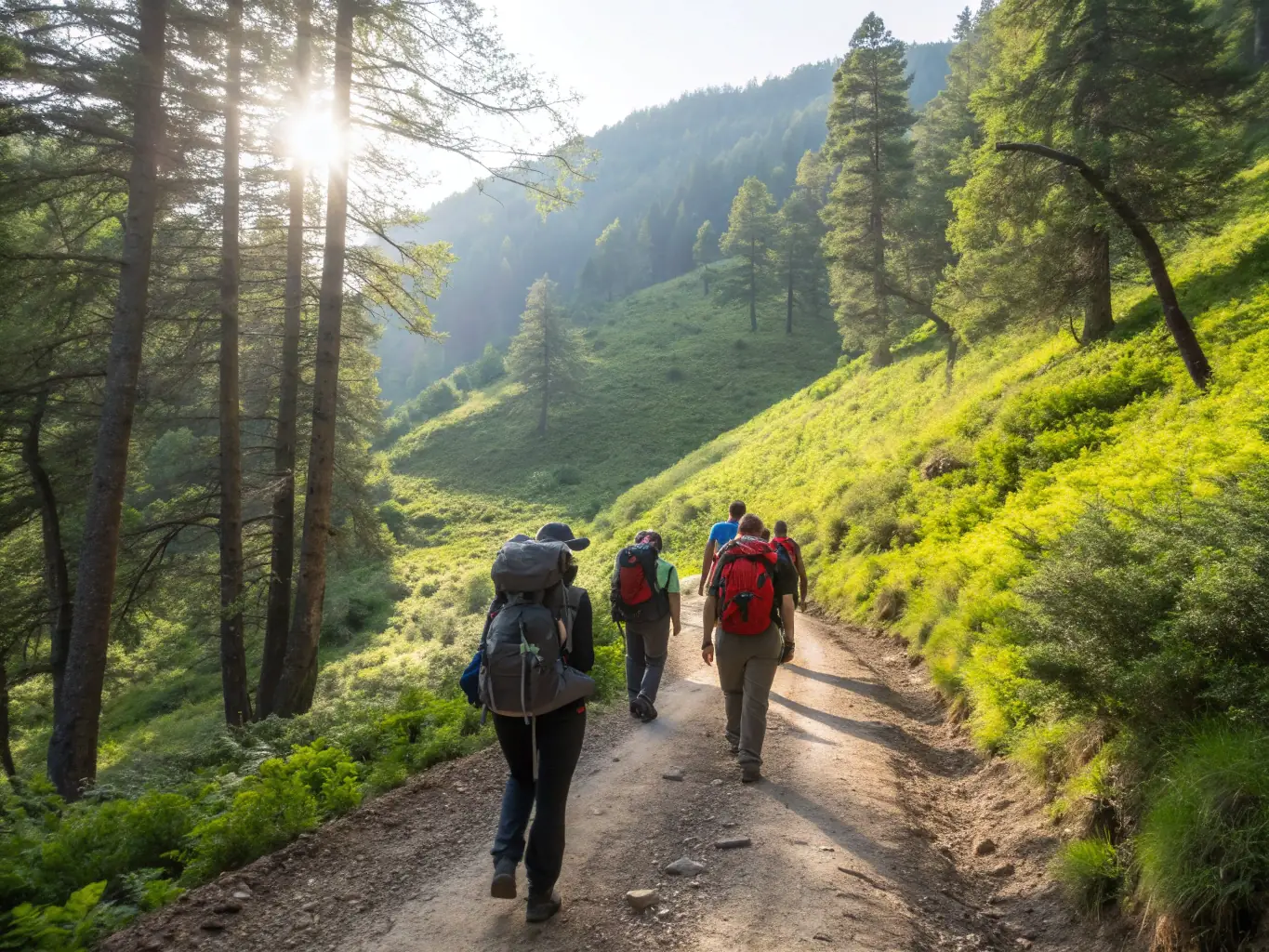 A group of people hiking through a scenic trail, enjoying nature and promoting outdoor activities.
