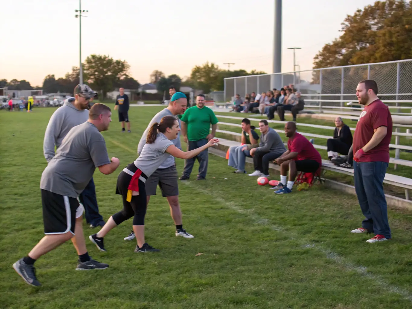 A group of diverse community members joyfully participating in a local soccer game, showcasing teamwork and active engagement.