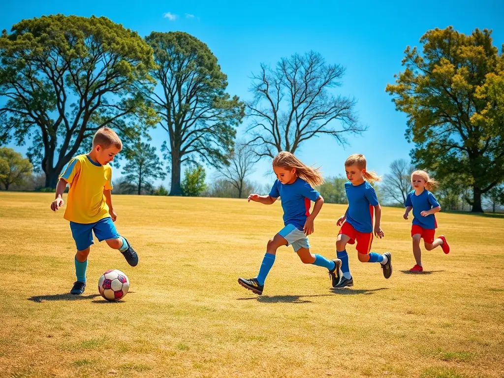 A group of children playing soccer in a park, with coaches guiding them, showcasing the youth sports program offered by ASSOC LES BRUYERES.
