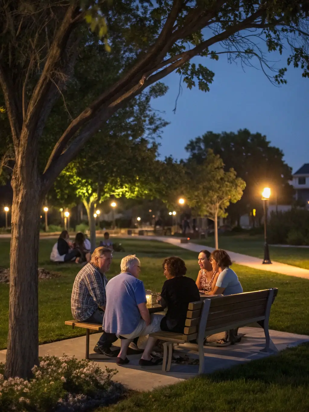 A candid shot of community members interacting and laughing during a social event organized by ASSOC LES BRUYERES, emphasizing the fun and connection.
