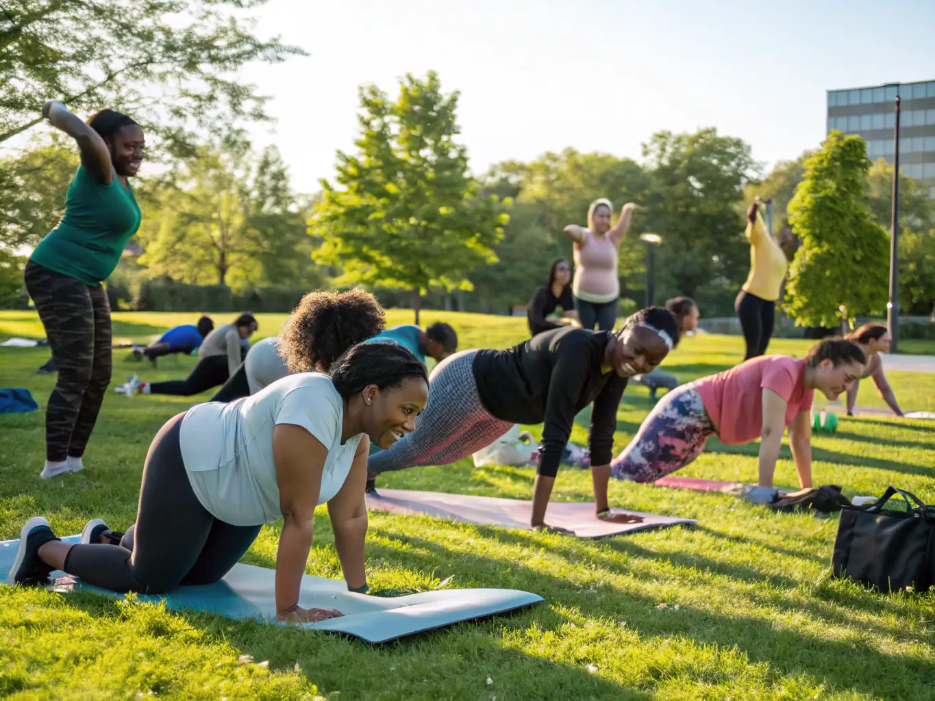 A group of adults participating in a fitness class outdoors, led by a certified instructor, highlighting the adult fitness activities provided by ASSOC LES BRUYERES.